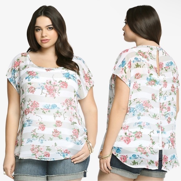 Torrid Striped Floral Sheer Button Back Top Women's‎ 1X #10285633 - Picture 1 of 7